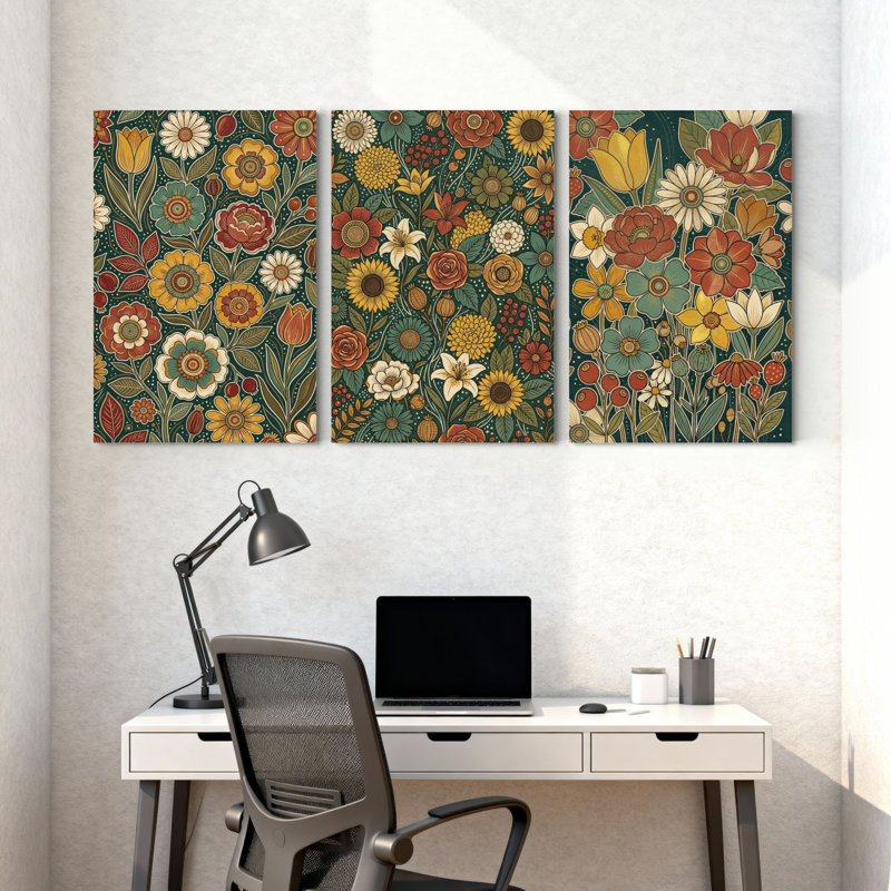 Plantes et fleurs, motif floral avec couleurs vives et feuilles, ensemble de 3 impressions sur toile, H 36 po x l 72 po