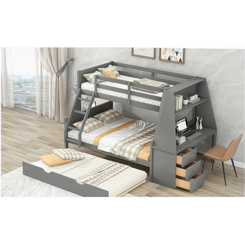 Lit superposé simple au-dessus d'un lit double avec lit gigogne et bureau intégré, trois tiroirs de rangement et une tablette, gris