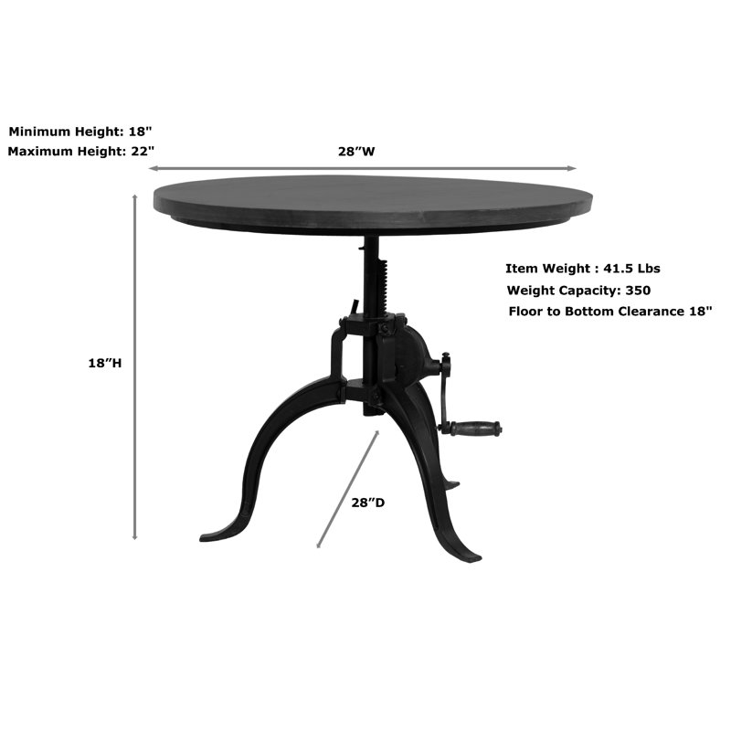 Table basse ronde rustique beige 28 "avec manivelle réglable Hi-Lo, Naturel, Âge du fer