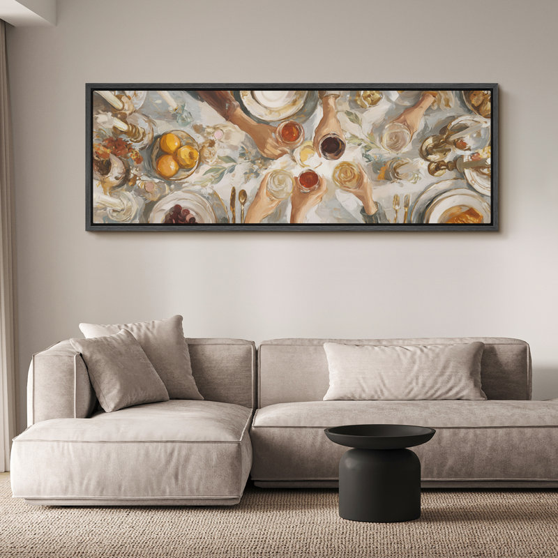 Neutral Toned Feast Celebration Artwork Extra Large Pictures Framed Canvas Print Wall Art, 20" H x 60" W, Black