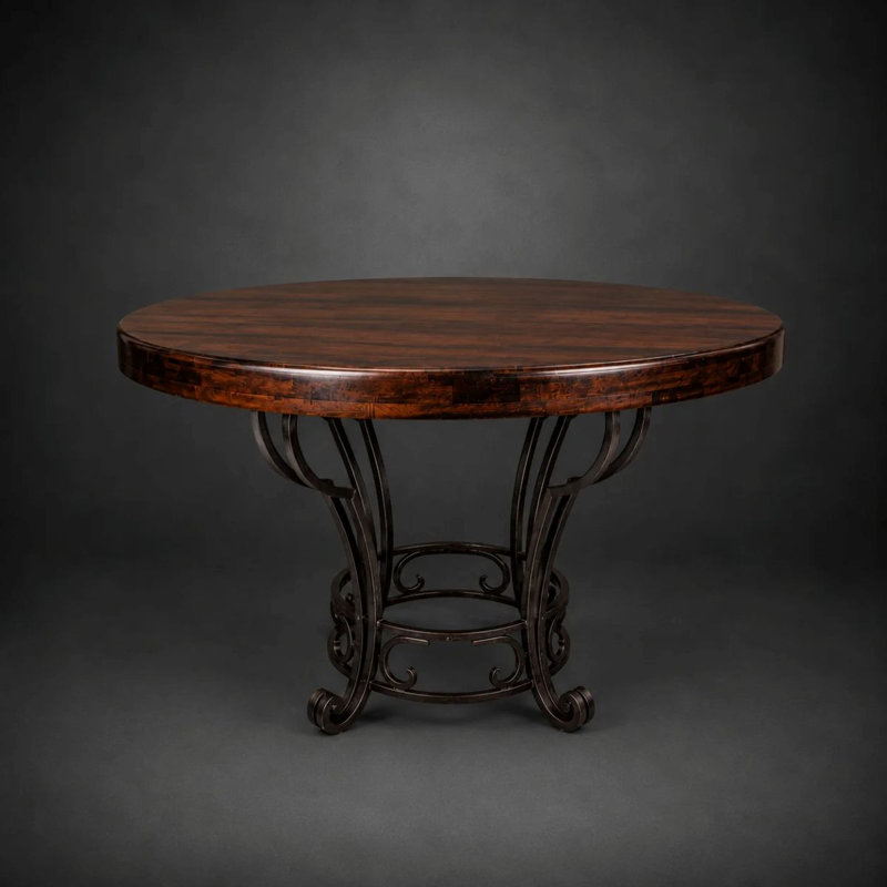 80" Round Mesquite Dining Table | Solid Wood, Wrought Iron Base | Rustic Ranch Furniture