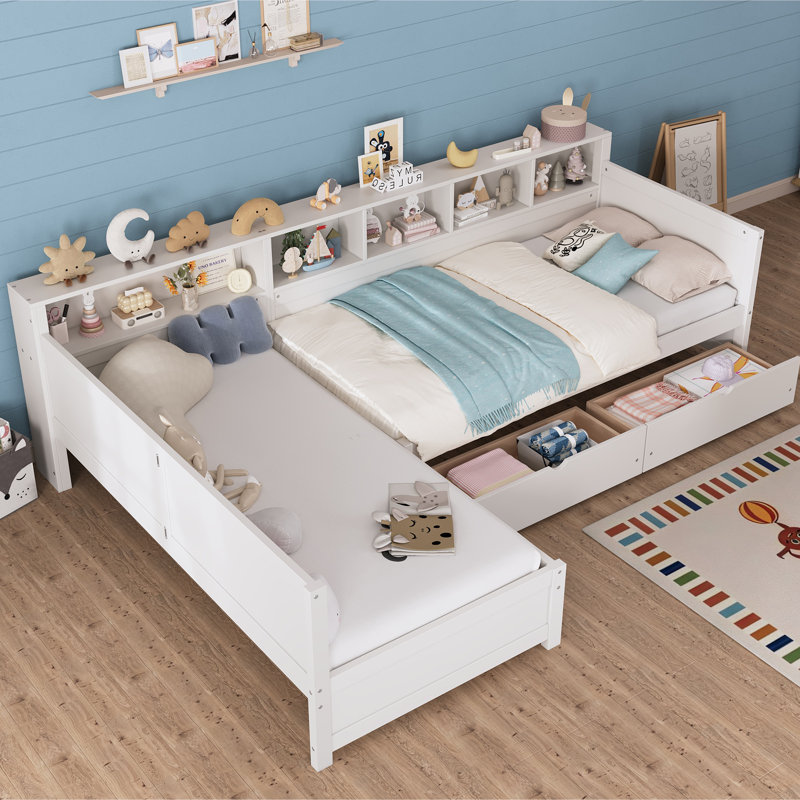  Lit de jour simple en L pour 2 avec 3 tiroirs de rangement, structure de lit d'angle en bois avec bibliothèque pour la chambre à coucher, blanc