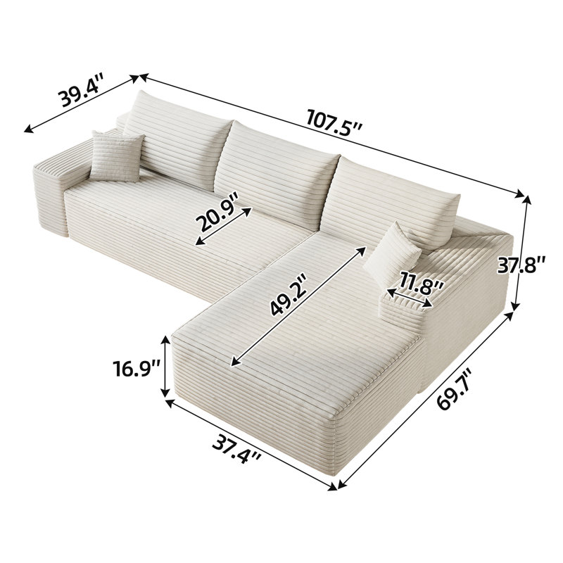 Canapé modulaire 107 po avec méridienne en L 107 po, canapé modulaire moderne avec assise profonde, canapé rembourré pour le salon et la chambre à coucher, aucun assemblage requis