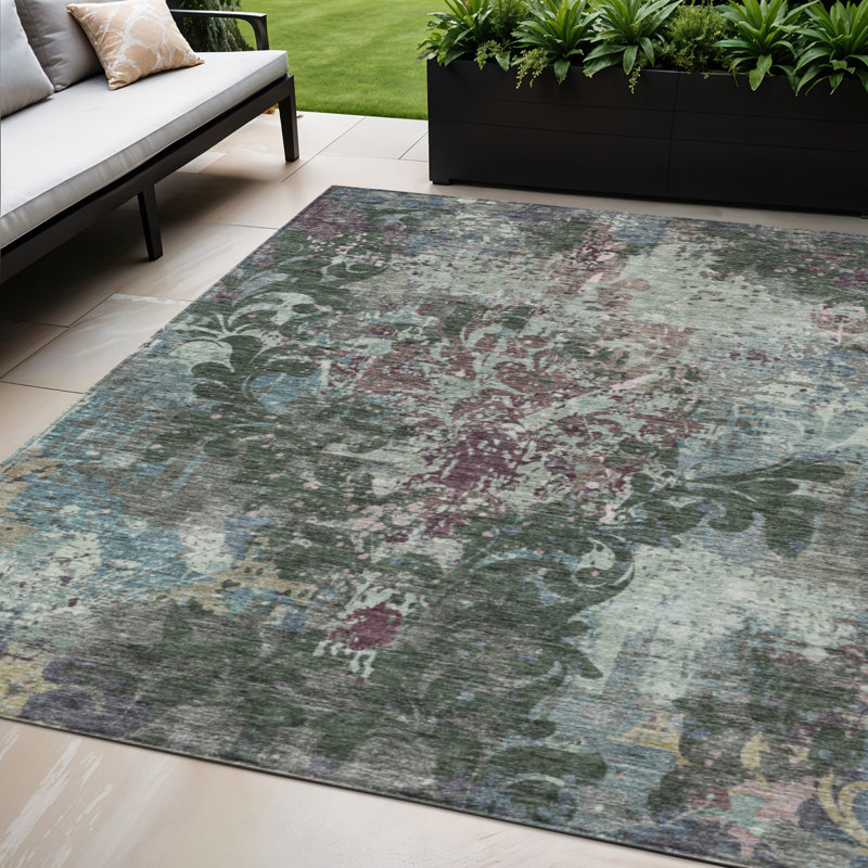 Tapis extérieur lavable damassé vert et mauve 5 pi x 8 pi