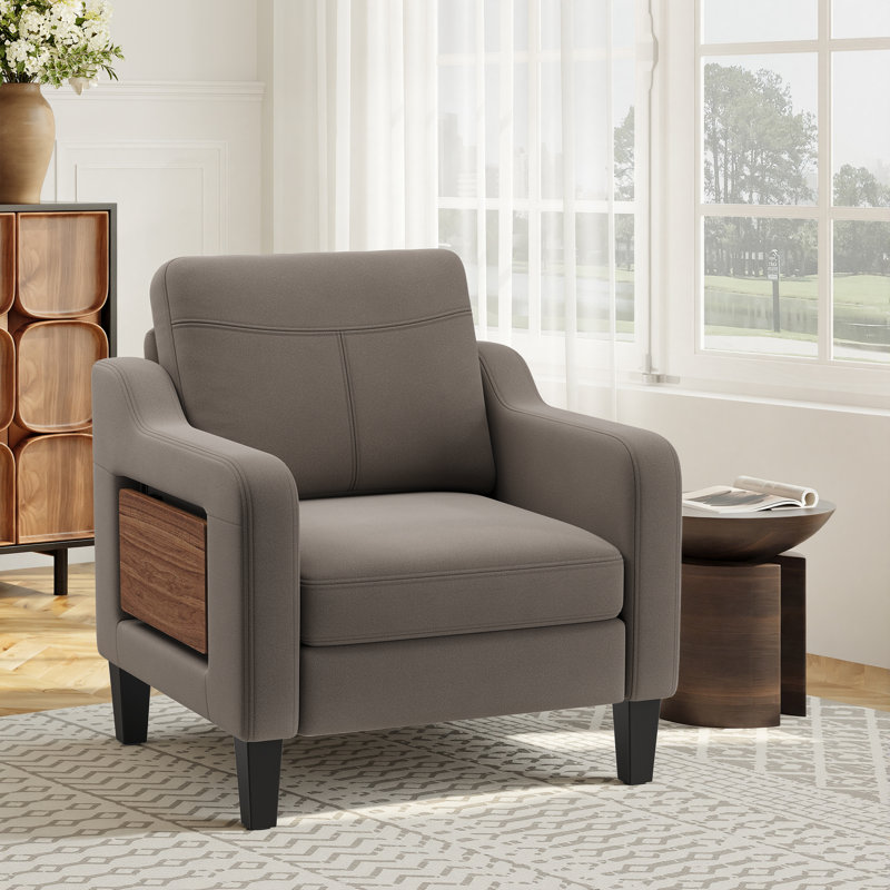 Mid-Century Accent Chair, Solid Wood Frame, Removable Cushions, Living Room Armchair, Fabric, Beige