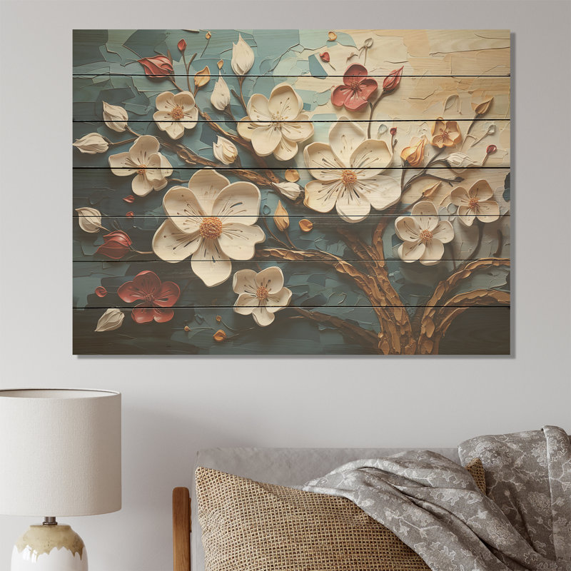 Arbre dynamique à pétales blancs et roses IV - Floral abstrait sur bois, H 10 po x l 20 po x P 0,78 po