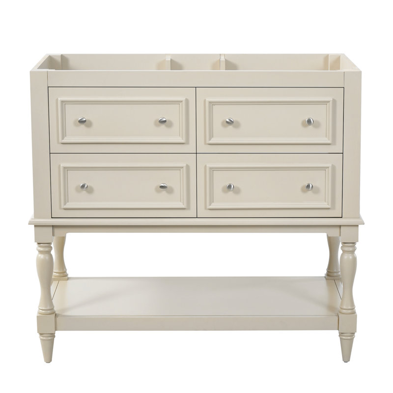 Armoire de salle de bain 36 po, ensemble de meuble-lavabo autoportant avec 4 tiroirs, structure en bois massif, Beige, Beige