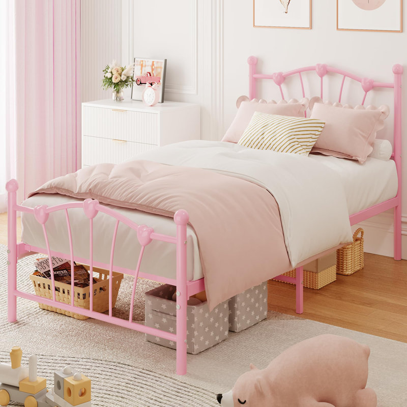 Cadre de lit plateforme simple en métal pour filles, cadre de lit simple avec tête de lit, Blanc