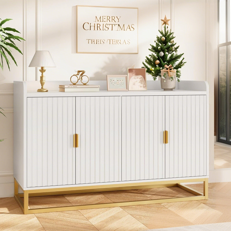 47.2" Wide Buffet Cabinet with Storage, Modern Fluted Accent Sideboard, 4-Door Credenza with Adjustable Shelves, Entryway Console Cabinet, Media Console Table for Kitchen, Dining, Living Room