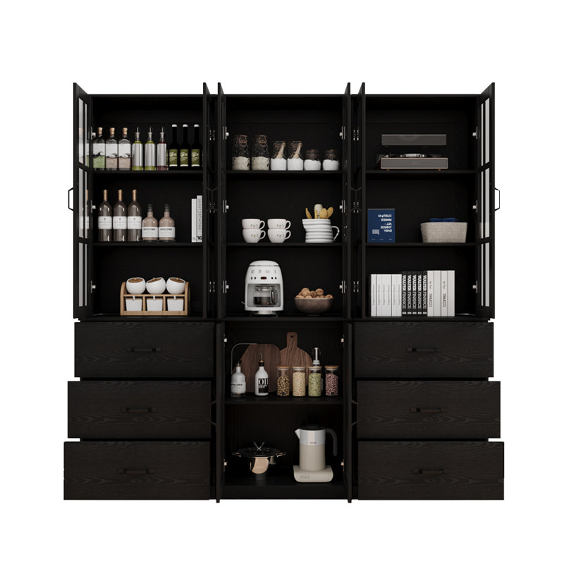 71" H X 78.8" W Bookcase Cabinet With Glass Doors And Large Storage Drawers(2D+E), Black