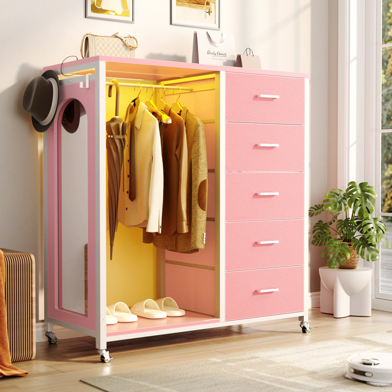 Gourley 5 Drawer LED Dresser with Mirror and Charging Station, Pink