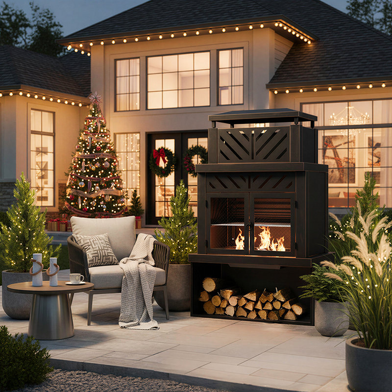 Foyer d'extérieur multifonctionnel au feu de bois en acier avec cheminée, porte-bûches, outil de foyer, ambiance de patio d'hiver et fonctionnalité