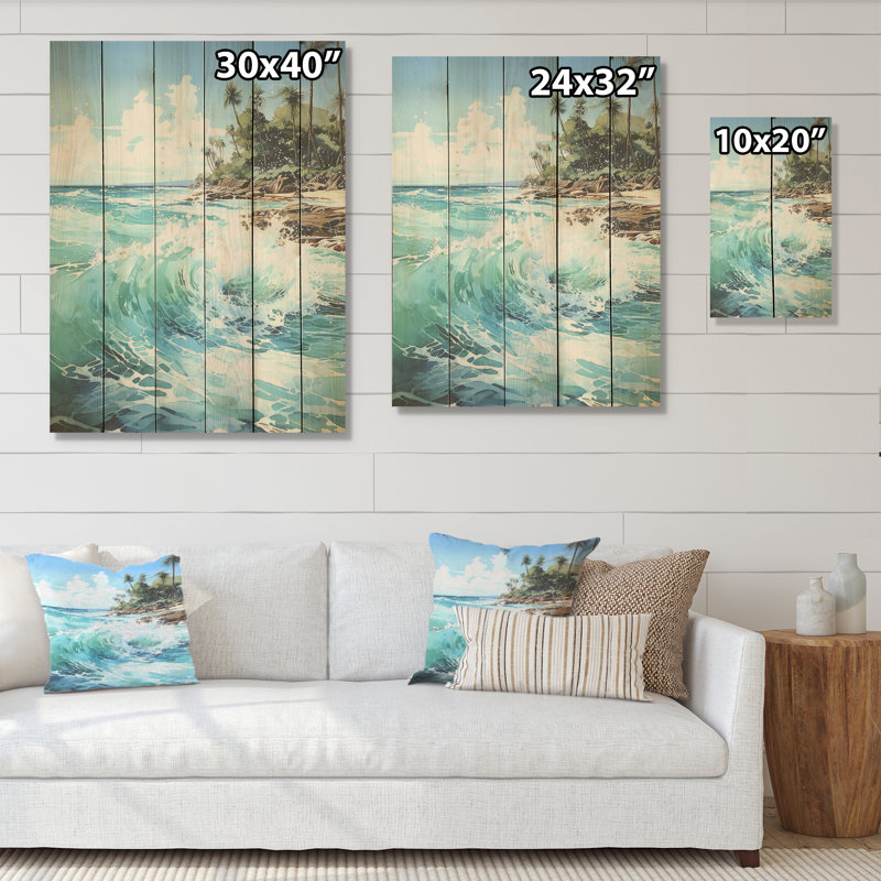 Azur, paysage de palmiers, horizon côtier, art sur bois de pin naturel, H 40 po x l 30 po