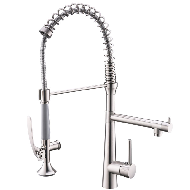 Modern Brushed Nickel Kitchen Sink Faucet With Pull Down Spring Spout And Pot Filler Feature Spot Commercial Style Pre-Rinse