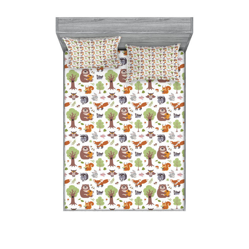 Ambesonne Forest Fitted Sheet & Pillow Sham  Set,  Multicolor, California King Sheet Set with 4 Pillowcases