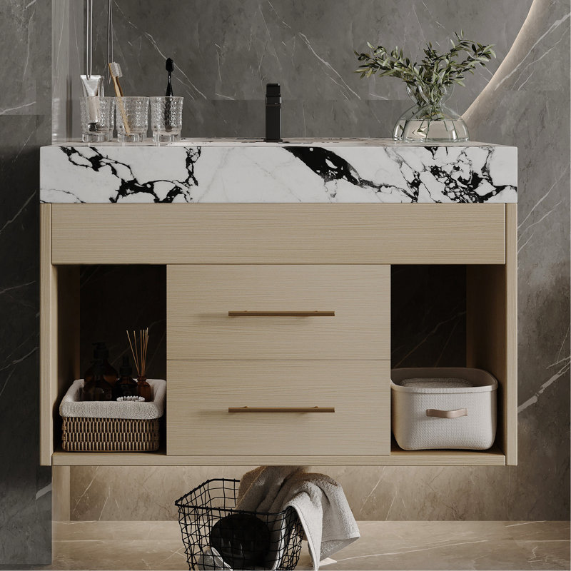 Ensemble de meuble-lavabo flottant 29,9 po avec lavabo sous-comptoir en céramique fritté et fixation murale pour petites salles de bain, appartement