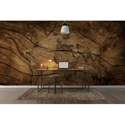 Papier peint carte du monde rustique grain de bois brun