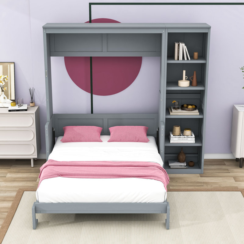 Lit escamotable avec bureau intégré et tablettes de rangement, tête de lit, Gris, Double