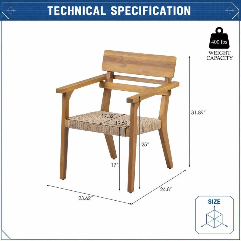 Ensemble de 2 chaises de salle à manger d'extérieur résistantes aux intempéries avec structure en bois d'acacia durable et sièges en osier tissés à la main respirants, fauteuils de patio ergonomiques avec dossier de soutien et accoudoirs larges