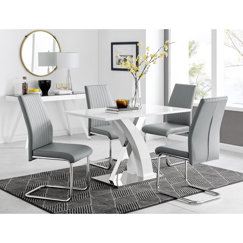 Edzard Chrome & White High Gloss Dining Table Set with 4 Luxury Faux Leather Dining Chairs, Gray