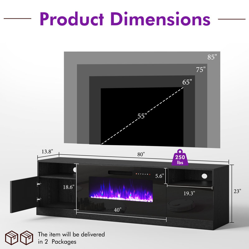 Bhhatu 80" Fireplace TV Stand with 40" Electric Fireplace, Black, 80" W