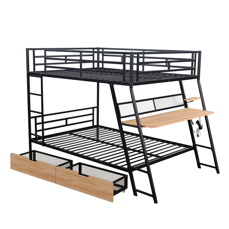 Lit superposé en métal noir avec bureau intégré et 2 tiroirs apaisants - Solution pour chambre double