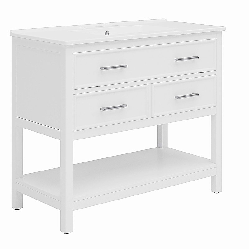 Meuble-lavabo pour salle de bain avec lavabo en céramique, meuble-lavabo avec plateau basculant et 2 tiroirs pleine extension, 1 tablette ouverte au bas
