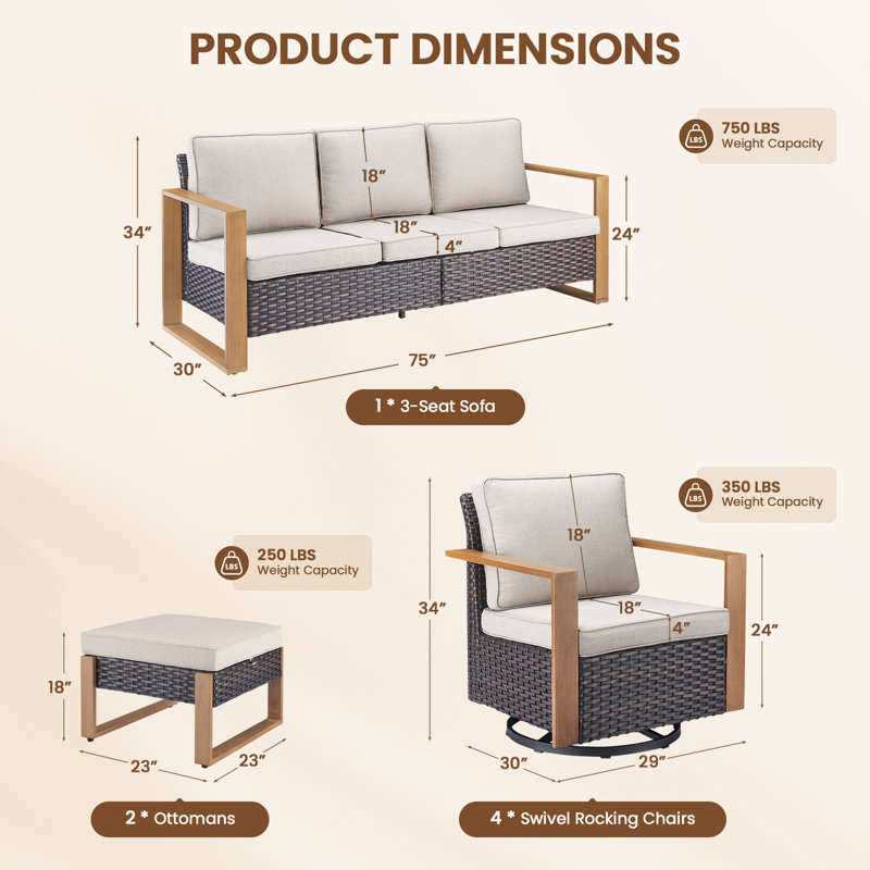 Ensemble de conversation d'extérieur avec canapé pivotant, canapé, repose-pieds et coussins 7 pièces Twowell, Beige, Brun
