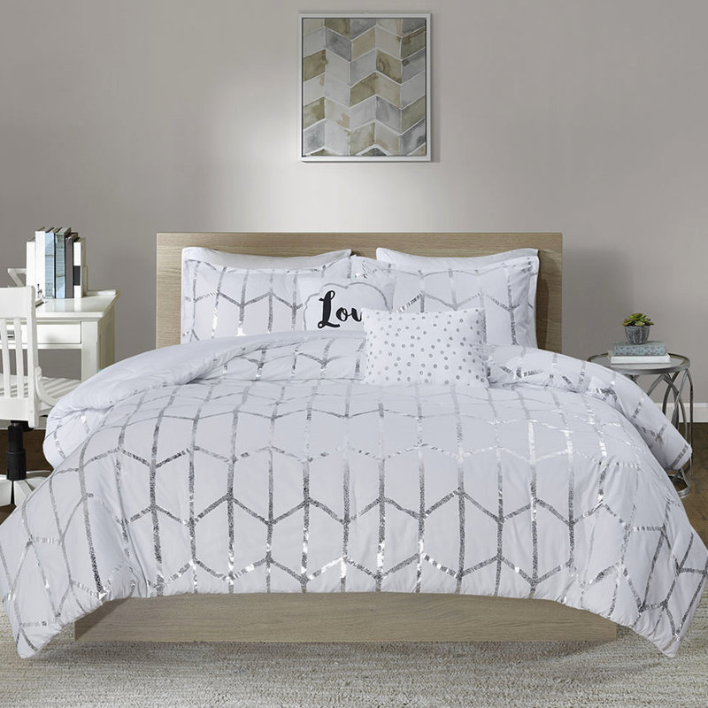 Édredon pour lit simple / simple TG - blanc avec imprimé géométrique argenté, microfibre confortable, 2 taies décoratives, coussins décoratifs, fer à repasser durable et infroissable pour les plis