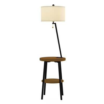 Belhaven Floor Lamp with Table - Mid-Century Modern Nightstand or Side Table with USB Charging Port and Drum Shade - Standing Light with Shelves
