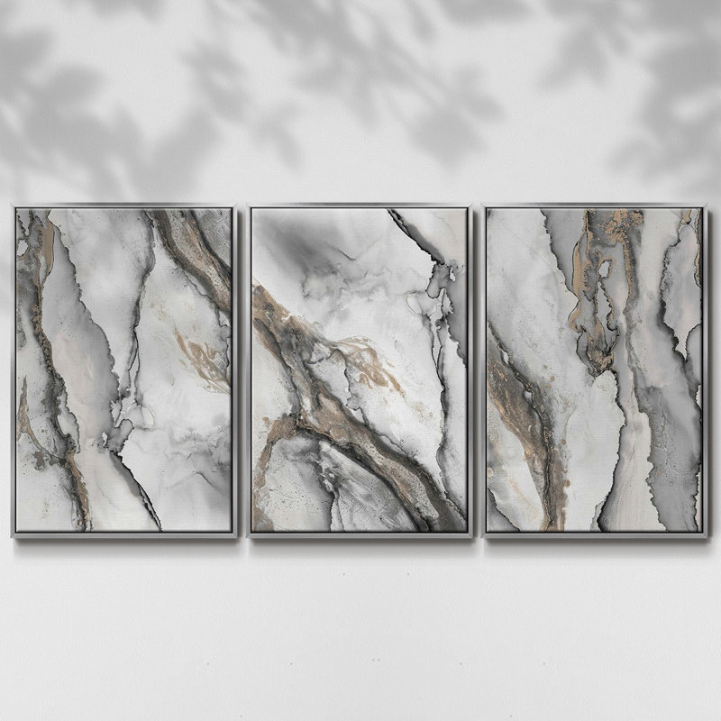Ensemble de 3 toiles tendues abstraites à l'encre abstraite, Argent, H 27 po x l 54 po