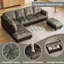 Ensemble de canapé en forme de L de 105 po, ensemble de canapé en flanelle et en pvc 3 pièces avec coussins et repose-pieds avec rangement, ensemble de canapé avec cadre en bois massif, canapé de salon à assemblage facile pour appartement, maison, m
