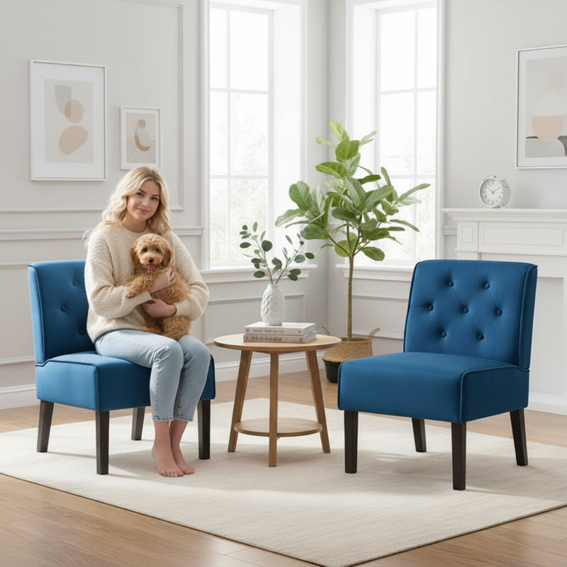 2 piece button backrest armless accent chair, Dark Blue