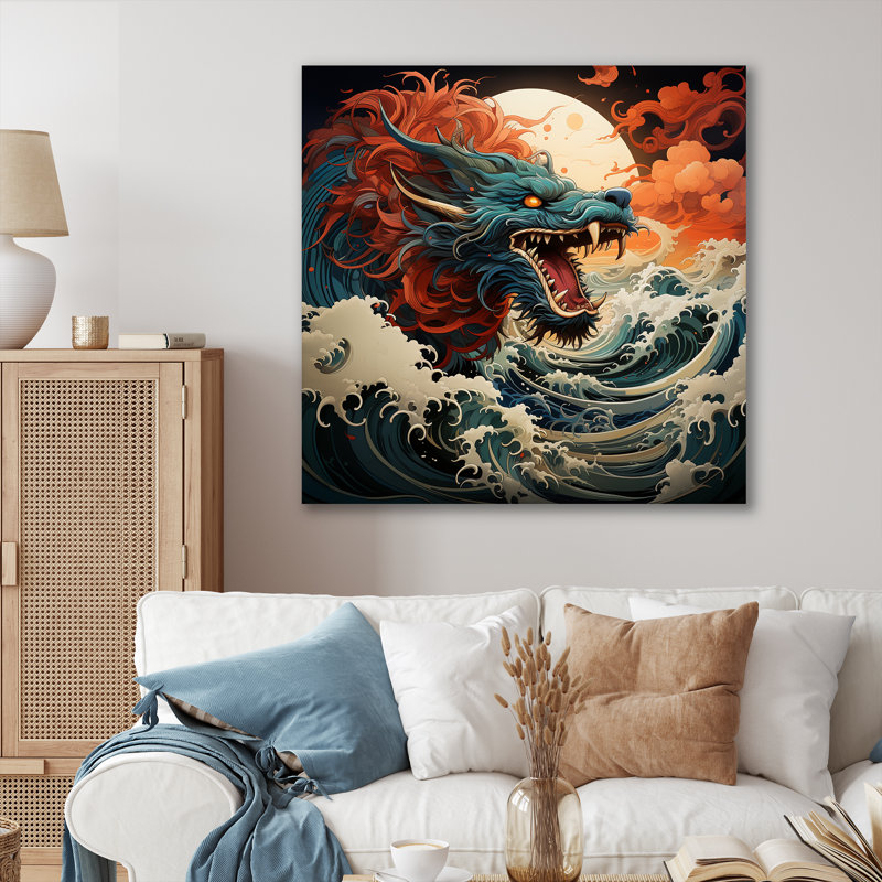 Dragon japonais sur la vague au large de Kanagawa I - Dragons, art mural, Toile tendue, H 30 po x l 30 po x P 1,5 po
