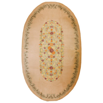 Grand tapis américain crocheté ovale surdimensionné à motif floral européen antique