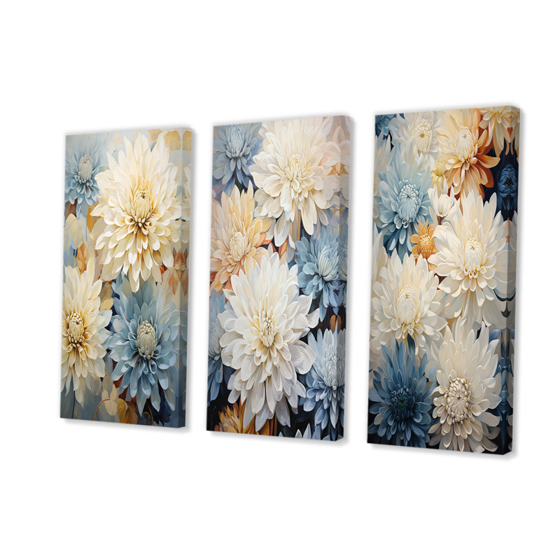 «White and Blue Mums Fragrant Elegance», ensemble de 3 reproductions d'art sur toile, Toile tendue, H 28 po x l 36 po