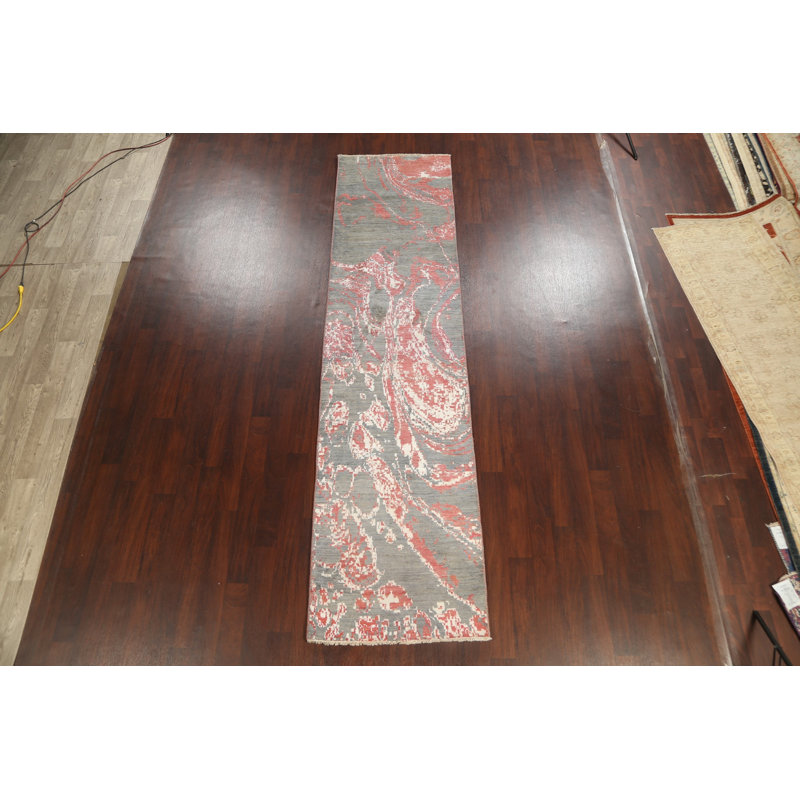 Tapis de couloir gris / rose noué à la main de conception unique 3 pi x 12 pi 1 po New Age
