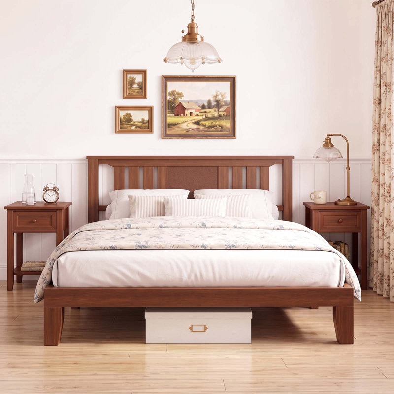 Mid Century Solid Wood Platform Bed with Headboard, Wood Slat Support, No Box Spring Needed, Queen