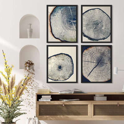Rustic Navy Blue Wood Tree Ring Artwork Living Room Pictures Framed Wall Art 4 Pieces Paper Print