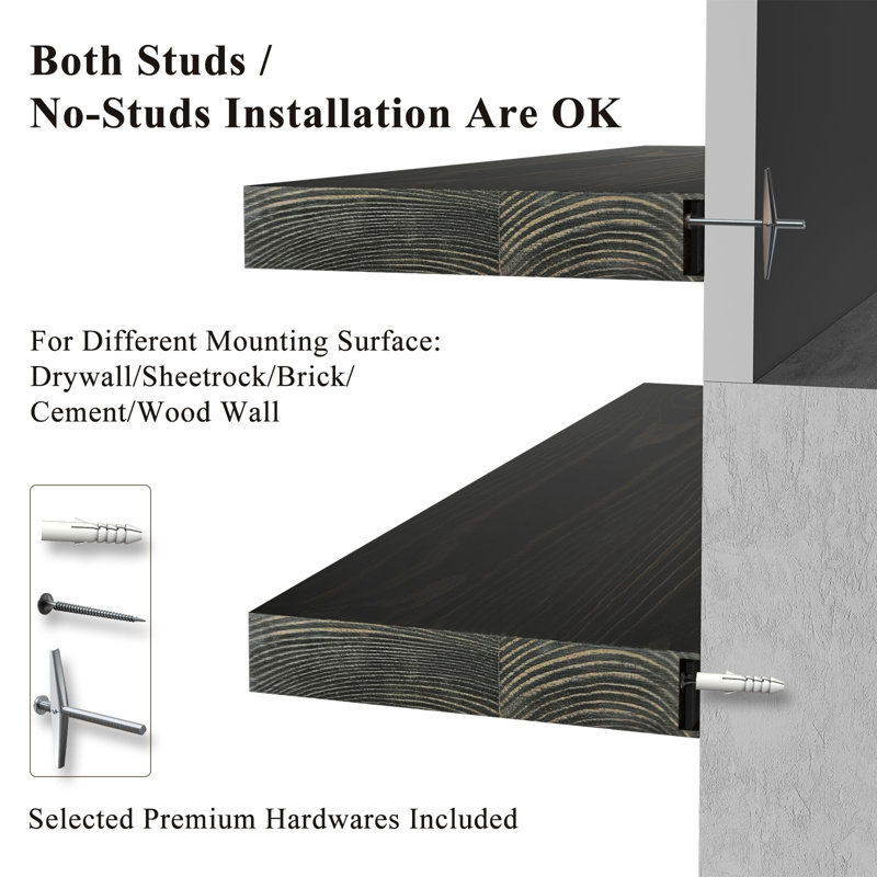 Rustic Dark Brown Pine Floating Wall Shelves, 24 Inch, Set of 2