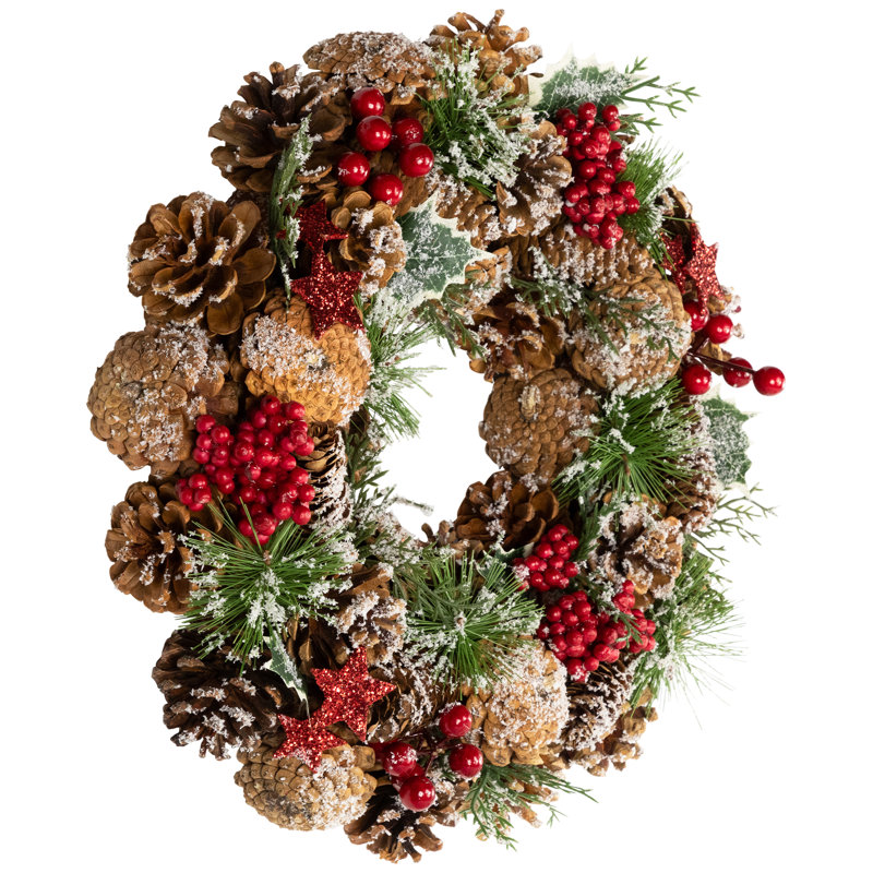 Flocked Pinecones And Glittered Stars Christmas Wreath - 13.25" - Unlit