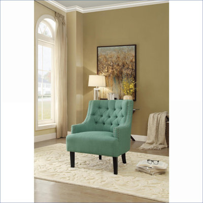 Chaise d'appoint moderne capitonnée à boutons, tissu texturé bleu sarcelle, structure en bois massif, sièges pour adultes, salon, chambre à coucher