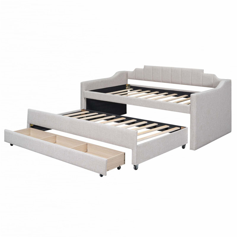 Wood Platform Bed with Trundle and 2 Drawers, Beige