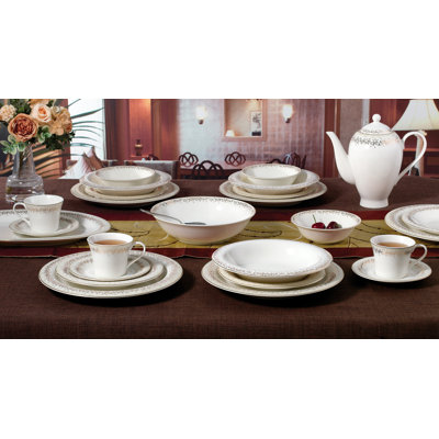 Service de table en porcelaine tendre Lorren Home Trends, blanc avec bordure dorée, collection repas formelle, service pour 8, 57 pièces