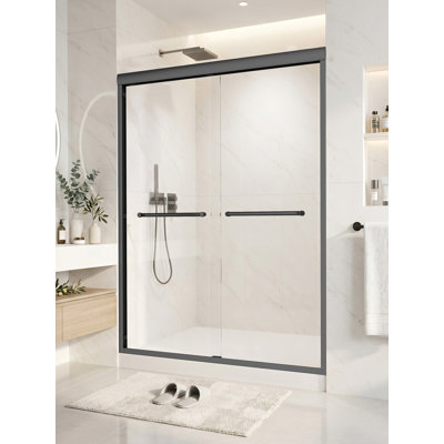 Porte de douche à double cadre coulissante de 50 à 54 po x H 72 po avec verre de douche et deux porte-serviettes, verre trempé épais de 1/4 po (6 mm) de qualité supérieure, noir