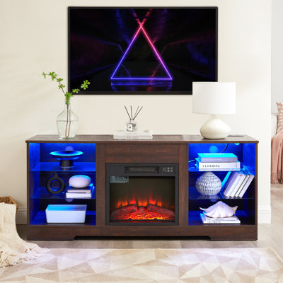 Meuble télé électrique pour foyer, flamme réaliste, 2 ports, douilles, compatible 60-69 po, 21 supports avec grand rangement, feu 3D, charge, télévision jusqu'à 62 po, bois moderne