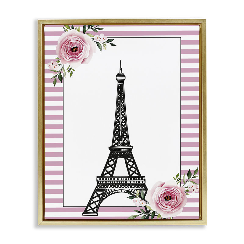 Cadre flottant Parisian Tower & Roses, design par Christine Simpson Art, H 31 po x l 25 po, Cadre flottant métallique doré