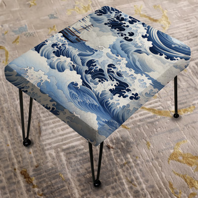 Blue And White Vintage Stormy Waves Ship - Coastal Rectangle Ottoman