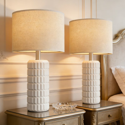 Ensemble de 2 lampes de table modernes en céramique avec abat-jour en lin pour table de chevet ou table de bout de salon blanc