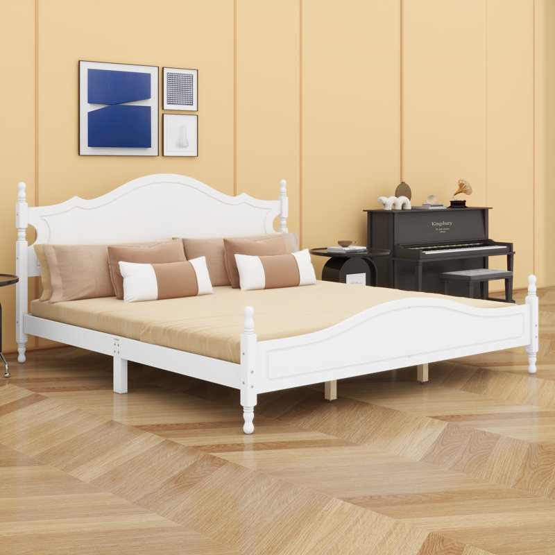 Cadre de lit de style rétro Timeless, lit plateforme en bois avec tête de lit décorative, White